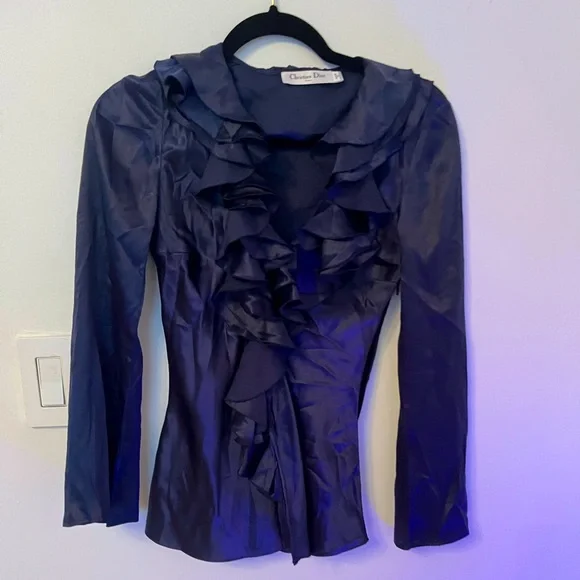 Christian Dior Blue Satin Evening blouse with Pleated Collar Sz XS - Picture 2 of 10